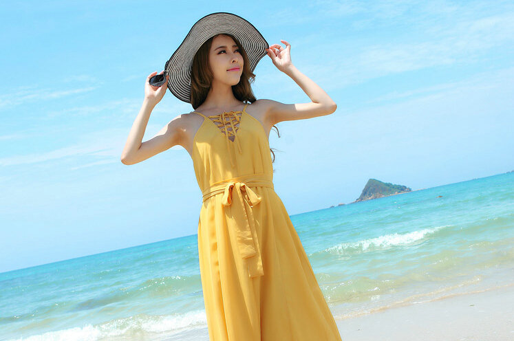 Fation Dresses Summer Girls Solid Bohemian Coast Chiffon Long - Yellow