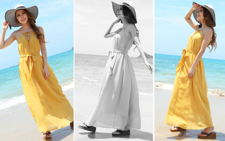 Fation Dresses Summer Girls Solid Bohemian Coast Chiffon Long - Yellow
