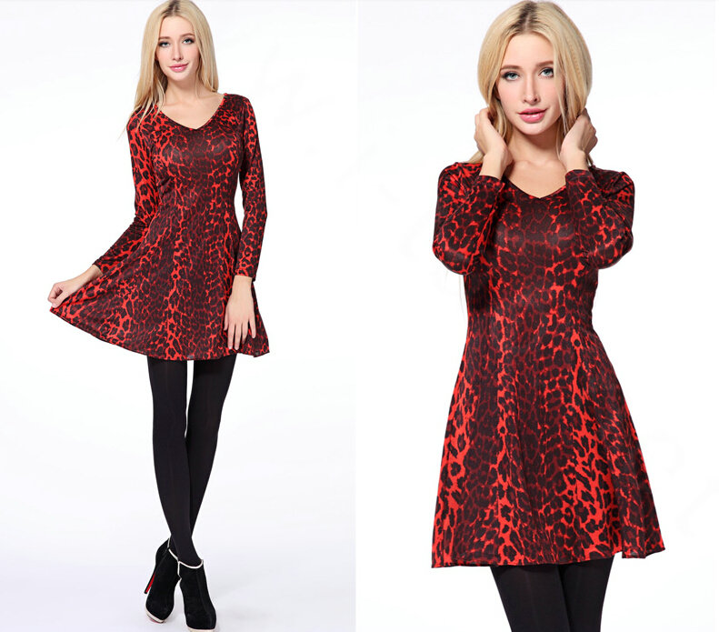 Fation Dresses Winter Girls Leopard Print Long Sleeved Short - Red