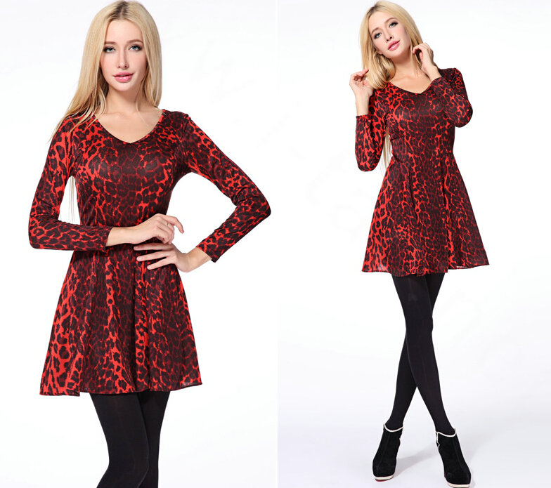 Fation Dresses Winter Girls Leopard Print Long Sleeved Short - Red