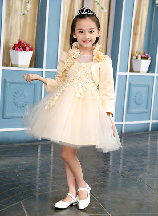 Fluffy Dresses Winter Flower Girls Lace Long Sleeve Wedding Party Dress - Beige