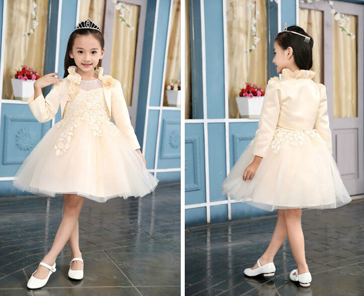 Fluffy Dresses Winter Flower Girls Lace Long Sleeve Wedding Party Dress - Beige