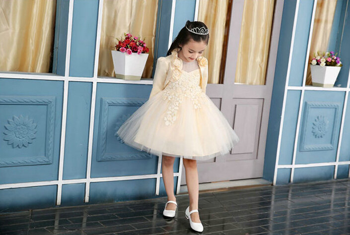 Fluffy Dresses Winter Flower Girls Lace Long Sleeve Wedding Party Dress - Beige
