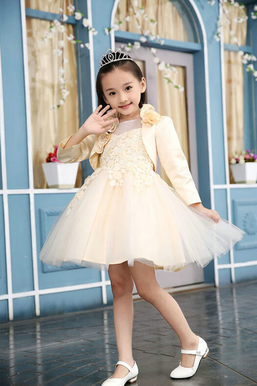 Fluffy Dresses Winter Flower Girls Lace Long Sleeve Wedding Party Dress - Beige