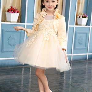 Fluffy Dresses Winter Flower Girls Lace Long Sleeve Wedding Party Dress - Beige