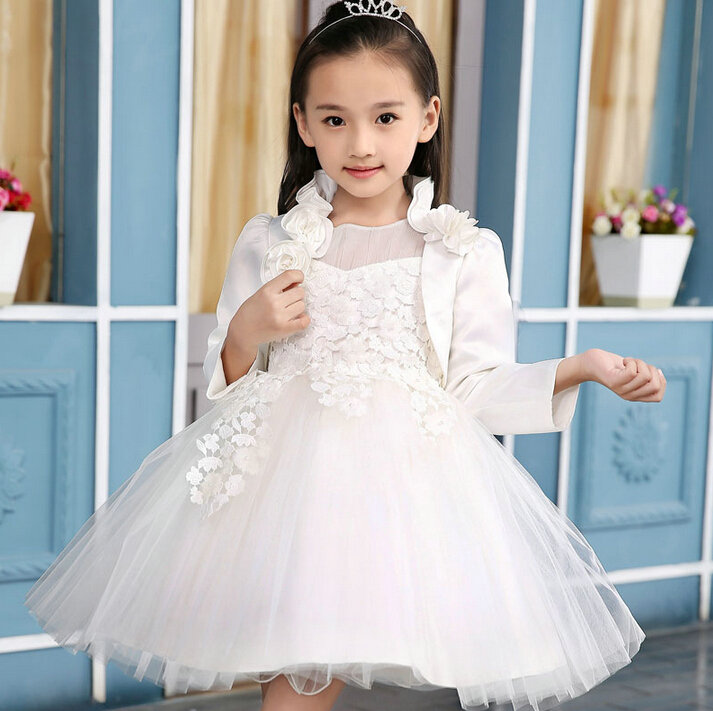 Fluffy Dresses Winter Flower Girls Lace Long Sleeve Wedding Party Dress - White