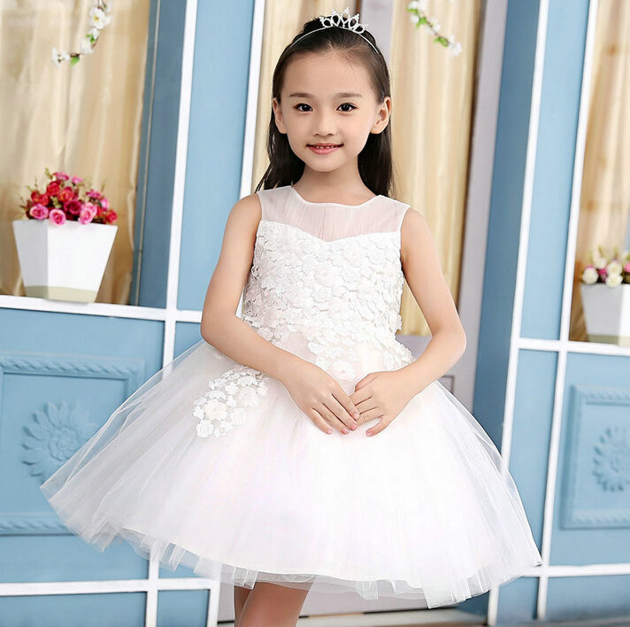 Fluffy Dresses Winter Flower Girls Lace Long Sleeve Wedding Party Dress - White