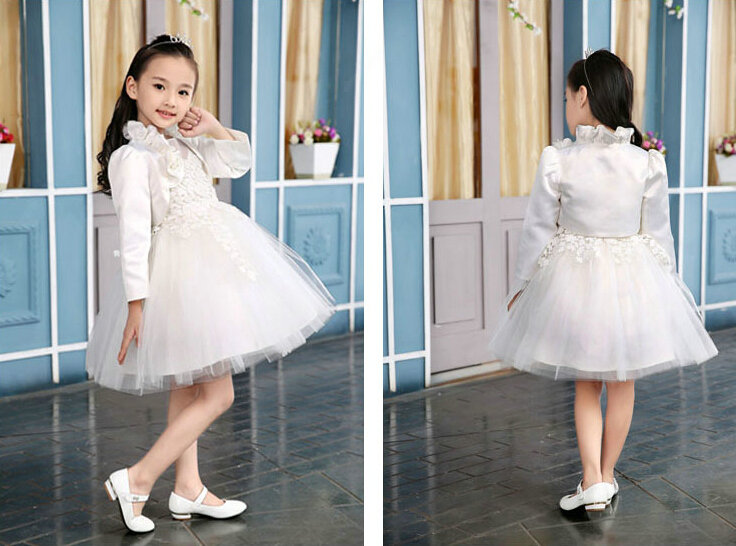 Fluffy Dresses Winter Flower Girls Lace Long Sleeve Wedding Party Dress - White