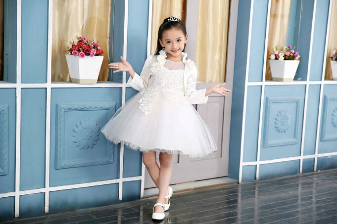 Fluffy Dresses Winter Flower Girls Lace Long Sleeve Wedding Party Dress - White