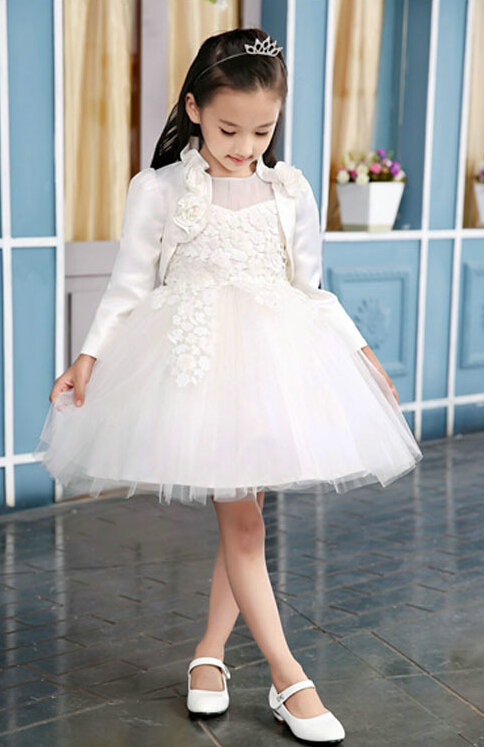 Fluffy Dresses Winter Flower Girls Lace Long Sleeve Wedding Party Dress - White