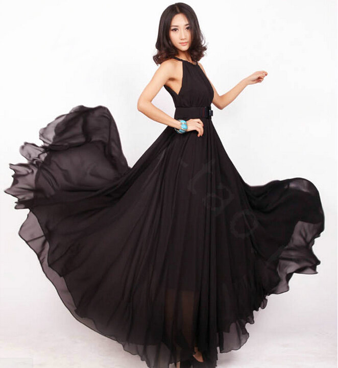 Glamorous Dresses Summer Women Strapless Beach Tunic Long Chiffon Solid - Black