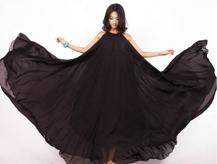 Glamorous Dresses Summer Women Strapless Beach Tunic Long Chiffon Solid - Black