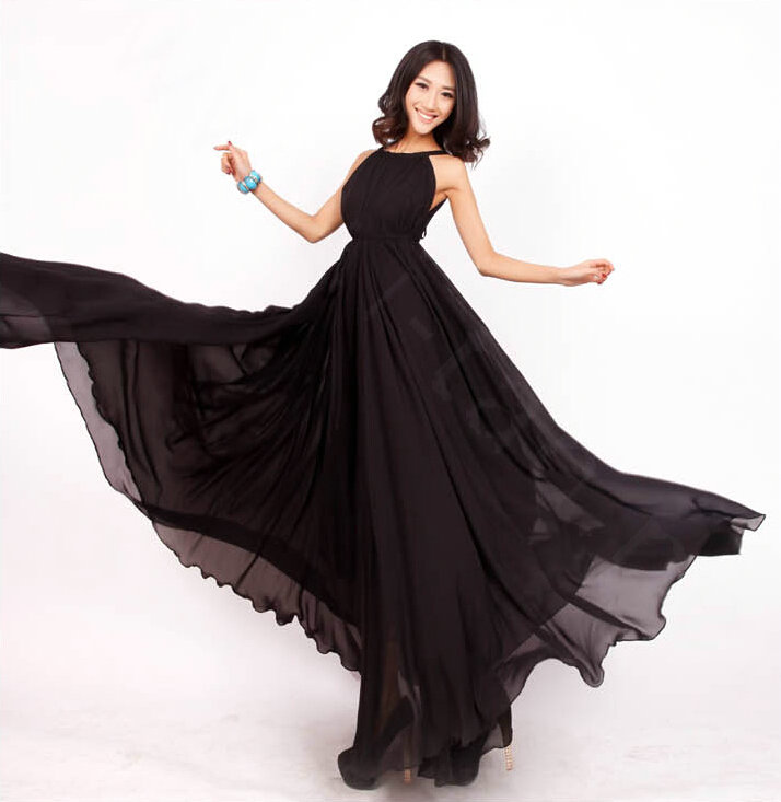 Glamorous Dresses Summer Women Strapless Beach Tunic Long Chiffon Solid - Black