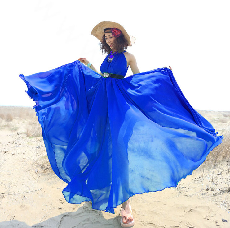Glamorous Dresses Summer Women Strapless Beach Tunic Long Chiffon Solid - Blue