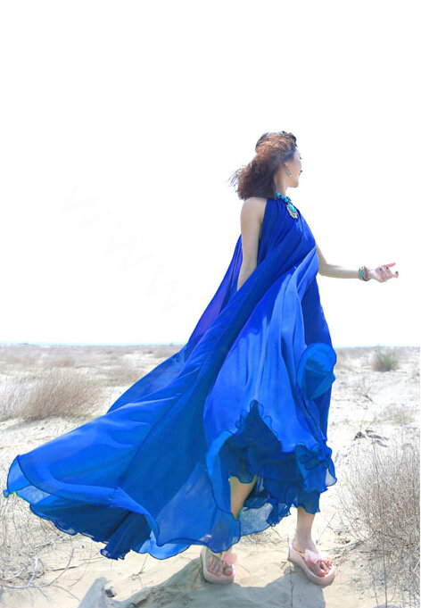 Glamorous Dresses Summer Women Strapless Beach Tunic Long Chiffon Solid - Blue