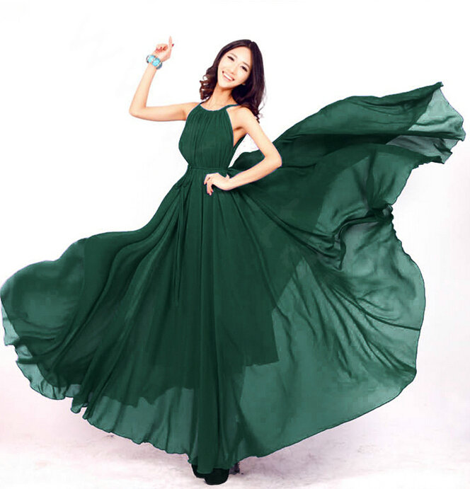 Glamorous Dresses Summer Women Strapless Beach Tunic Long Chiffon Solid - Dark Green
