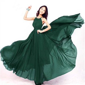 Glamorous Dresses Summer Women Strapless Beach Tunic Long Chiffon Solid - Dark Green