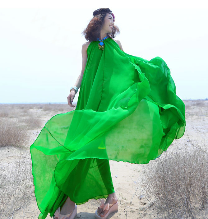 Glamorous Dresses Summer Women Strapless Beach Tunic Long Chiffon Solid - Green