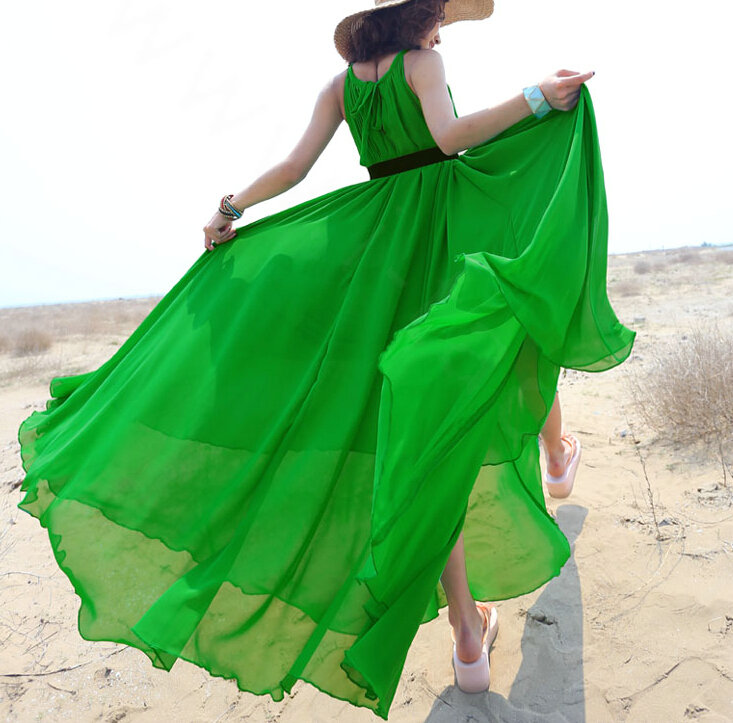 Glamorous Dresses Summer Women Strapless Beach Tunic Long Chiffon Solid - Green