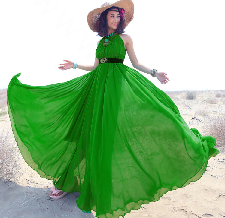 Glamorous Dresses Summer Women Strapless Beach Tunic Long Chiffon Solid - Green