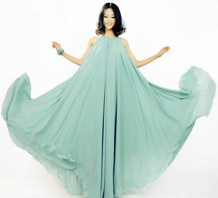 Glamorous Dresses Summer Women Strapless Beach Tunic Long Chiffon Solid - Light Green