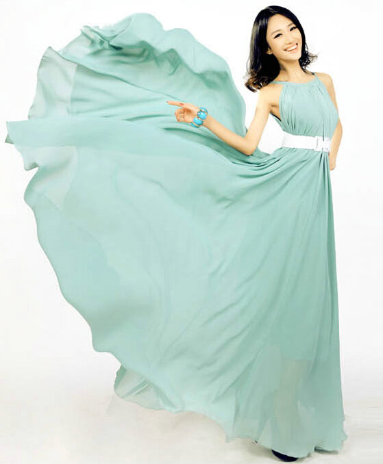 Glamorous Dresses Summer Women Strapless Beach Tunic Long Chiffon Solid - Light Green