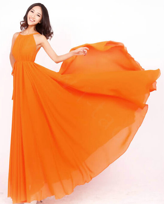 Glamorous Dresses Summer Women Strapless Beach Tunic Long Chiffon Solid - Orange