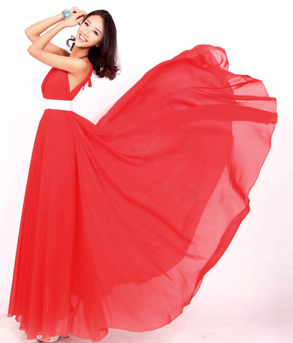 Glamorous Dresses Summer Women Strapless Beach Tunic Long Chiffon Solid - Red