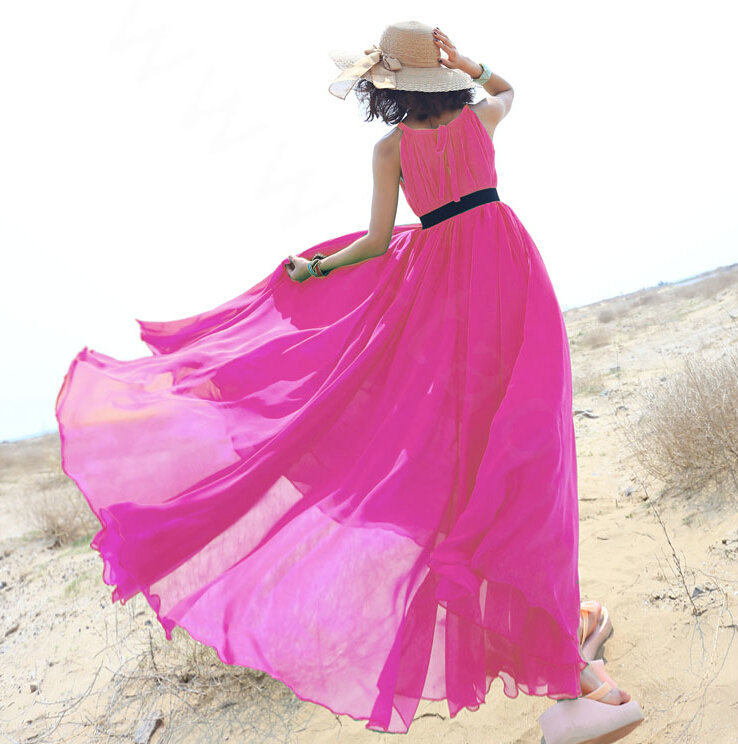 Glamorous Dresses Summer Women Strapless Beach Tunic Long Chiffon Solid - Rose