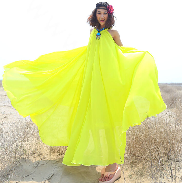 Glamorous Dresses Summer Women Strapless Beach Tunic Long Chiffon Solid - Yellow