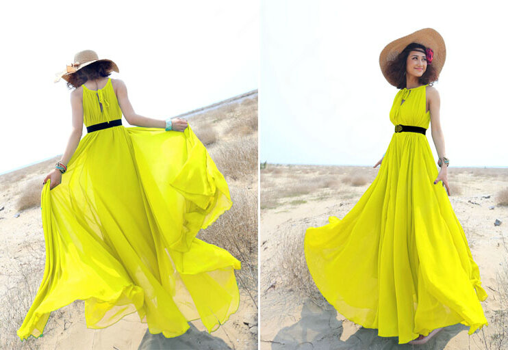 Glamorous Dresses Summer Women Strapless Beach Tunic Long Chiffon Solid - Yellow