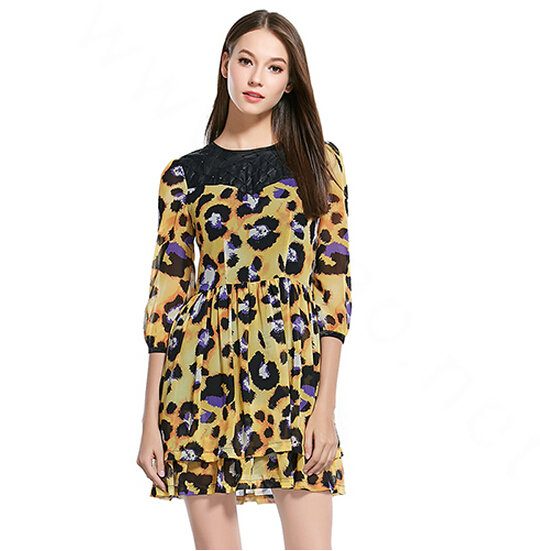 Gorgeous Dresses Fall Women Elbow-Length Sleeve Ruffle Leopard Print - Yellow