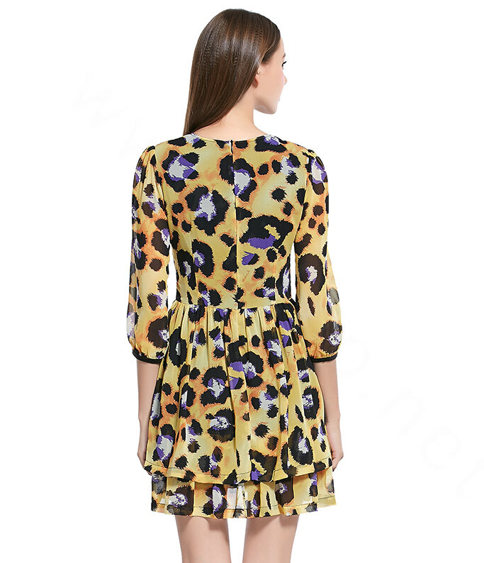 Gorgeous Dresses Fall Women Elbow-Length Sleeve Ruffle Leopard Print - Yellow