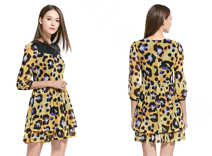 Gorgeous Dresses Fall Women Elbow-Length Sleeve Ruffle Leopard Print - Yellow