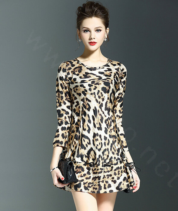 Gorgeous Dresses Spring Women Three-Quarter Sleeve Silk Leopard Print - Brown