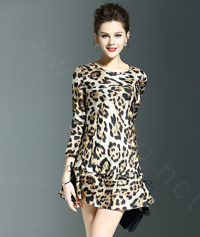 Gorgeous Dresses Spring Women Three-Quarter Sleeve Silk Leopard Print - Brown