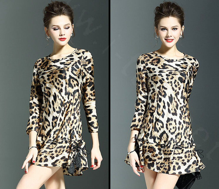 Gorgeous Dresses Spring Women Three-Quarter Sleeve Silk Leopard Print - Brown