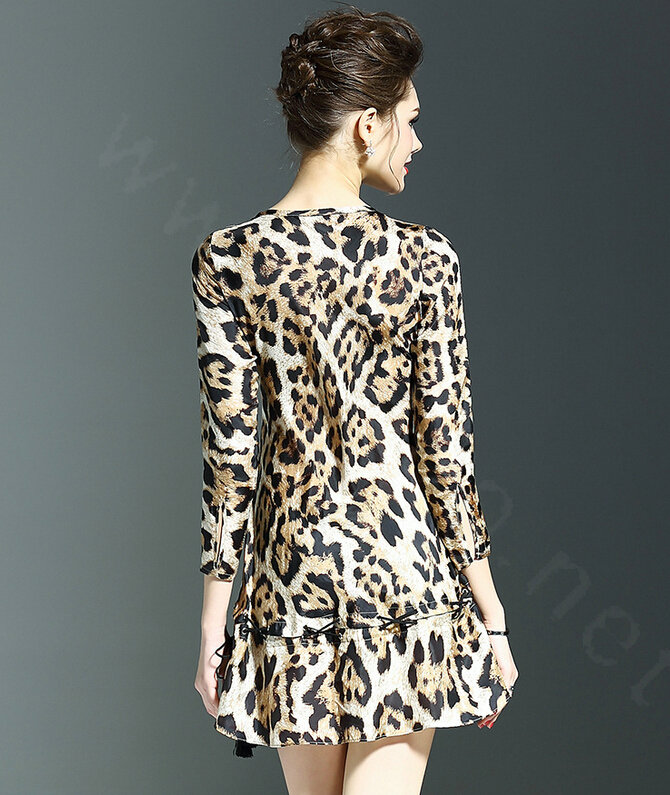 Gorgeous Dresses Spring Women Three-Quarter Sleeve Silk Leopard Print - Brown