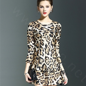 Gorgeous Dresses Spring Women Three-Quarter Sleeve Silk Leopard Print - Brown