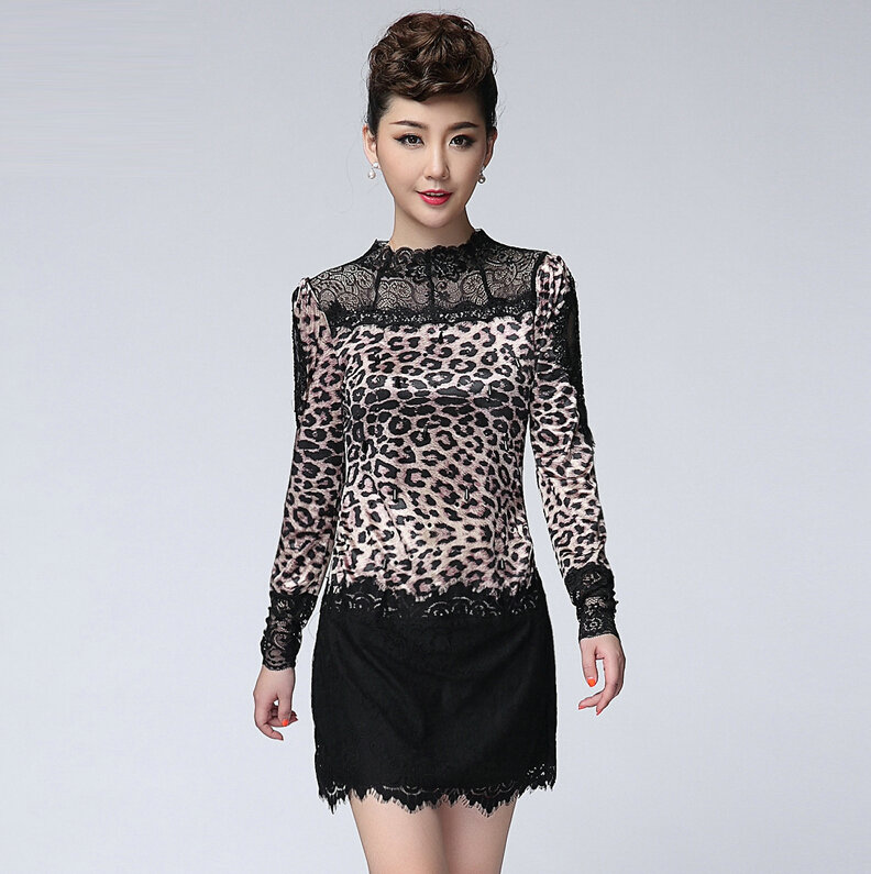 Sexy Dresses Fall Women Long Sleeve Stitching Lace Leopard Print - Pink Black