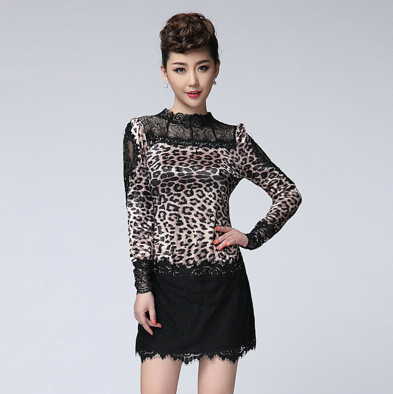Sexy Dresses Fall Women Long Sleeve Stitching Lace Leopard Print - Pink Black
