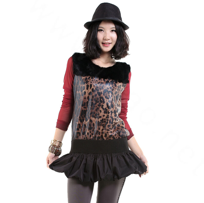 Sexy Dresses Spring Women Long Sleeve Fur Leather Leopard Print - Red Black