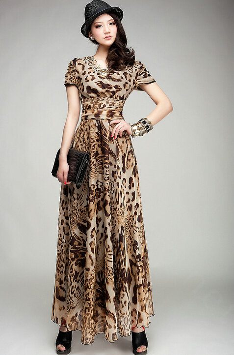 Sexy Dresses Summer Female Skirts Leopard Print Long Tunic Stitching Plus Size - Brown