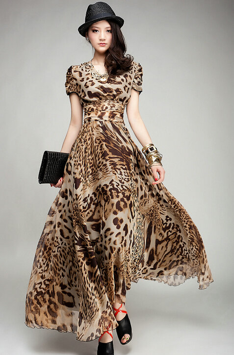 Sexy Dresses Summer Female Skirts Leopard Print Long Tunic Stitching Plus Size - Brown