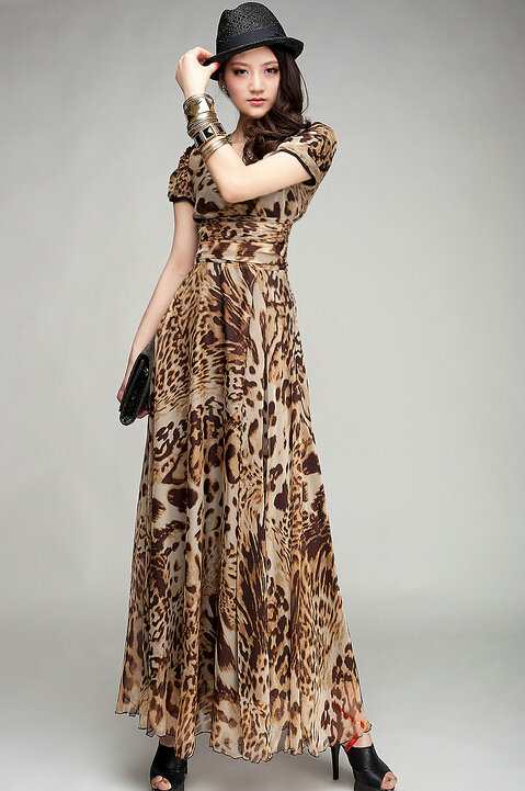 Sexy Dresses Summer Female Skirts Leopard Print Long Tunic Stitching Plus Size - Brown