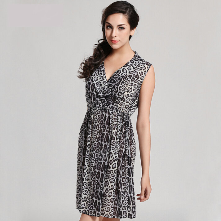 Sexy Dresses Summer Female Skirts Leopard Print Stitching Silk - Brown