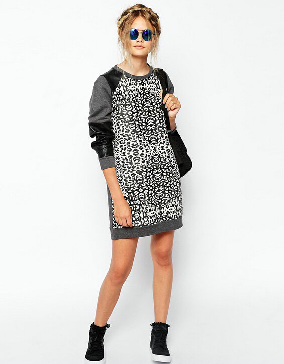 Street Dresses Winter Girls Leopard Print Long Sleeved Short - Black