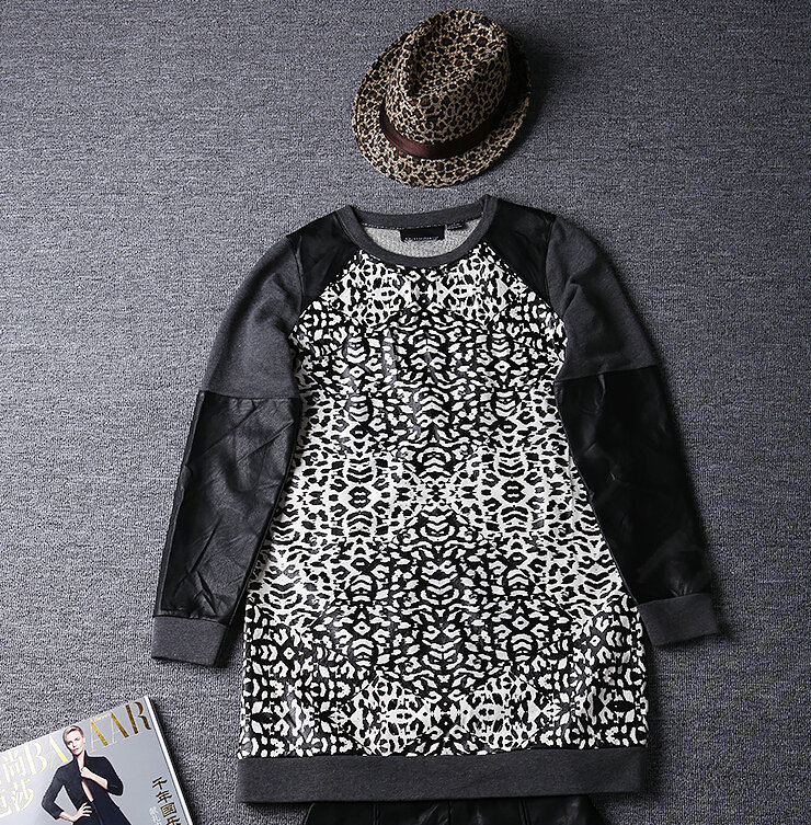 Street Dresses Winter Girls Leopard Print Long Sleeved Short - Black