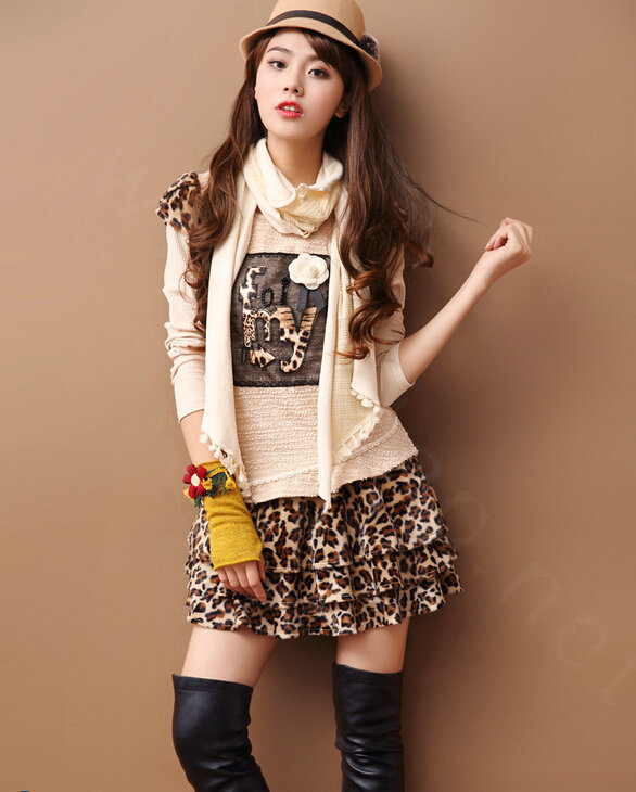 Sweet Dresses Fall Women Long Sleeve Stitching Ruffle Leopard Print - Beige