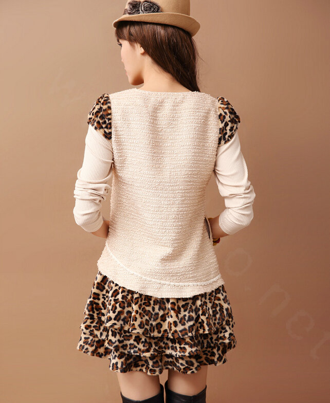 Sweet Dresses Fall Women Long Sleeve Stitching Ruffle Leopard Print - Beige